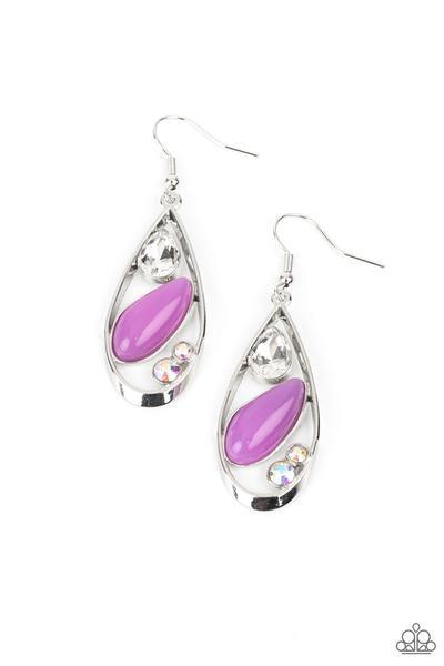 Paparazzi Accessories Harmonious Harbors - Purple A silver teardrop frame embraces a collection of iridescent rhinestones and a milky Amethyst Orchid bead that is reminiscent of seashore finds. Earring attaches to a standard fishhook fitting. Sold as one