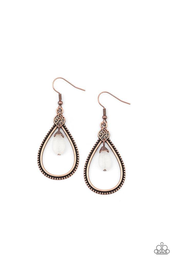 Paparazzi Accessories I’ll Believe It ZEN I See It - Copper Featuring wire wrap detail, a dainty white stone swings from the top of a studded copper teardrop frame featuring filigree detail for a tranquil finish. Earring attaches to a standard fishhook fi