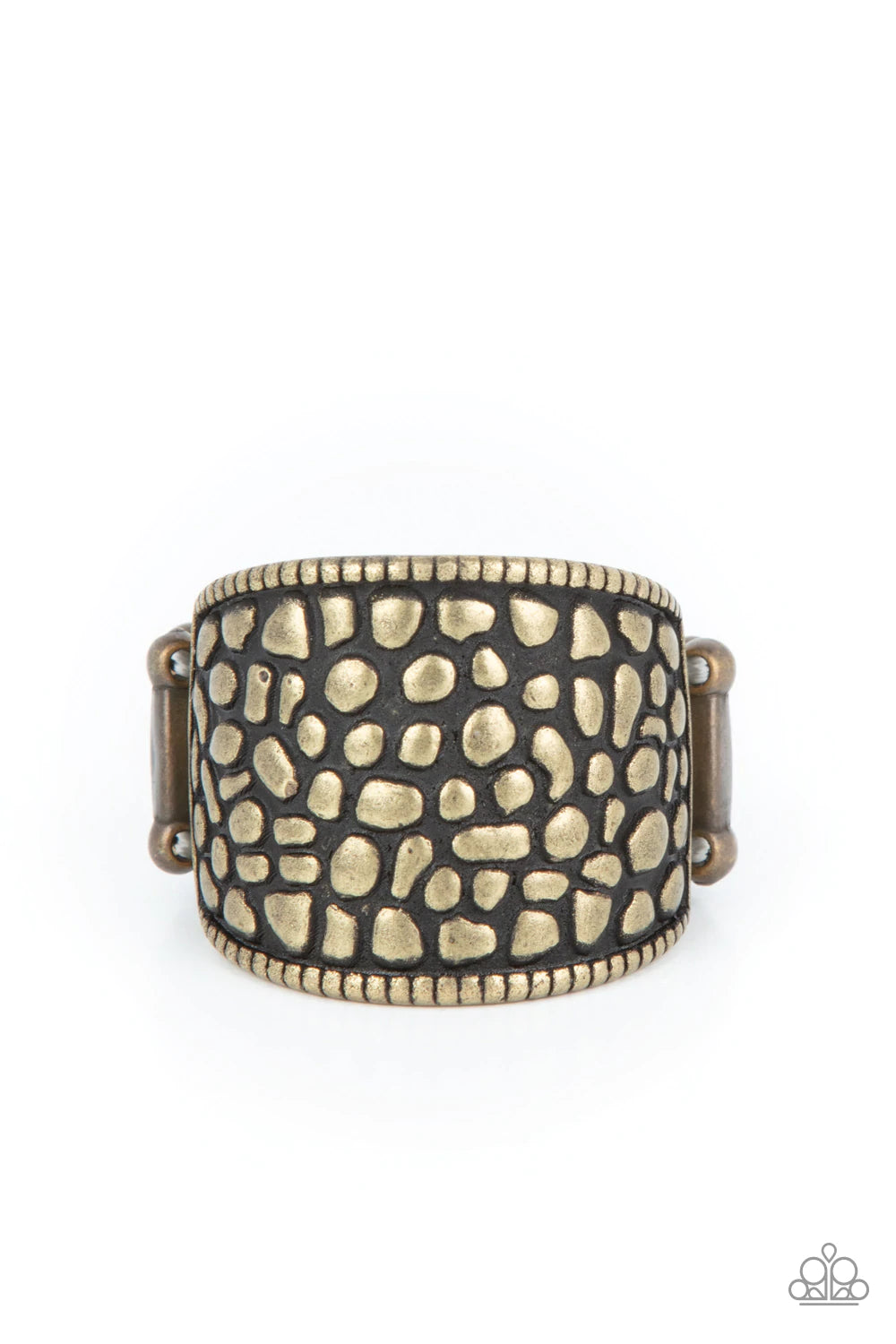 Paparazzi Accessories Dotted Decorum - Brass Brimming from edge to edge with a studded texture reminiscent of cobblestone, a wide brass band is bordered in dainty studs resulting in a free-spirited fashion atop the finger. Features a stretchy band for a f