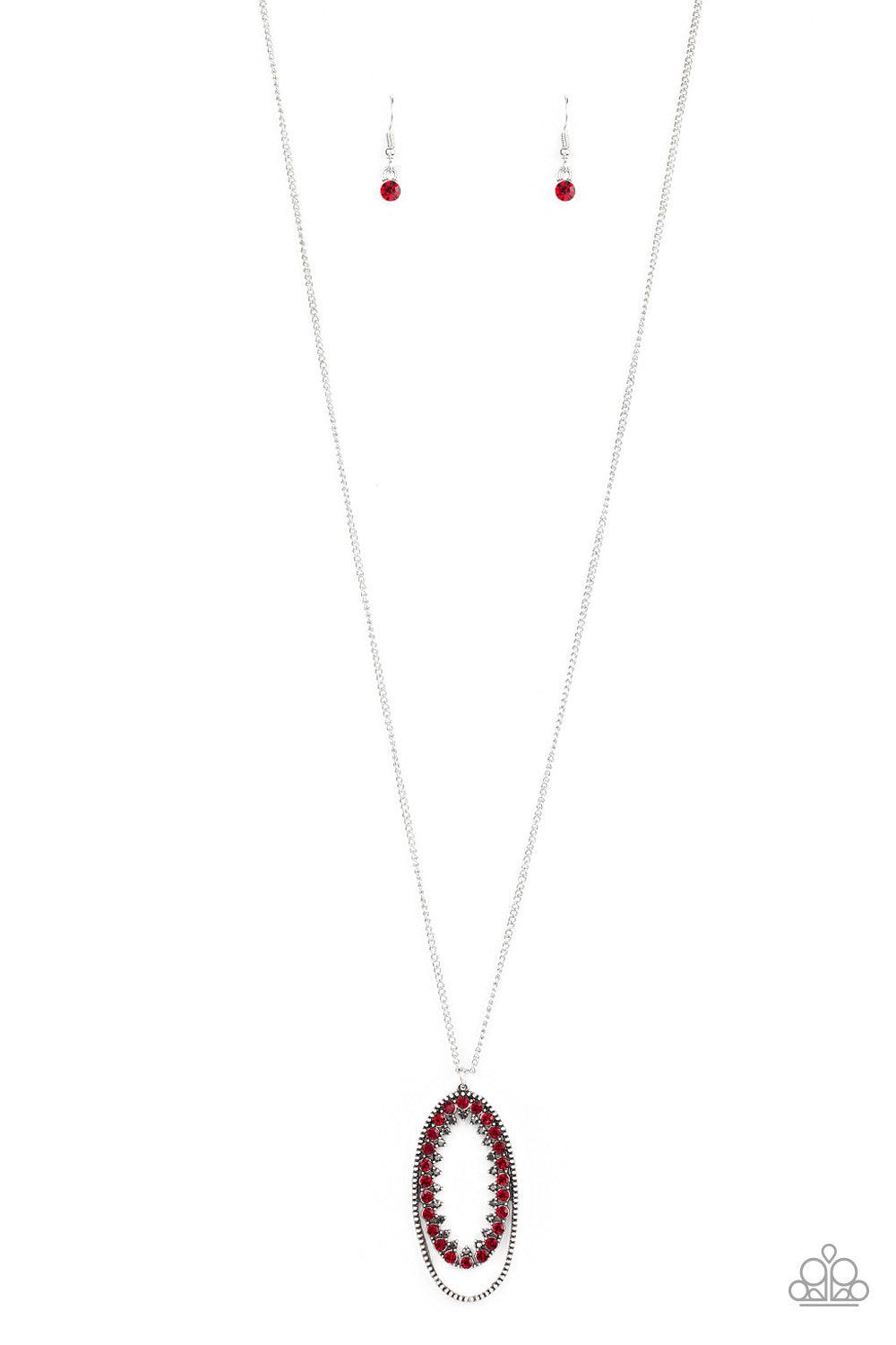 Paparazzi Accessories Money Mood - Red Ringed in a studded silver frame, glittery red and hematite rhinestones collect into a glamorous pendant at the bottom of a lengthened silver chain for a refined flair. Features an adjustable clasp closure. Jewelry