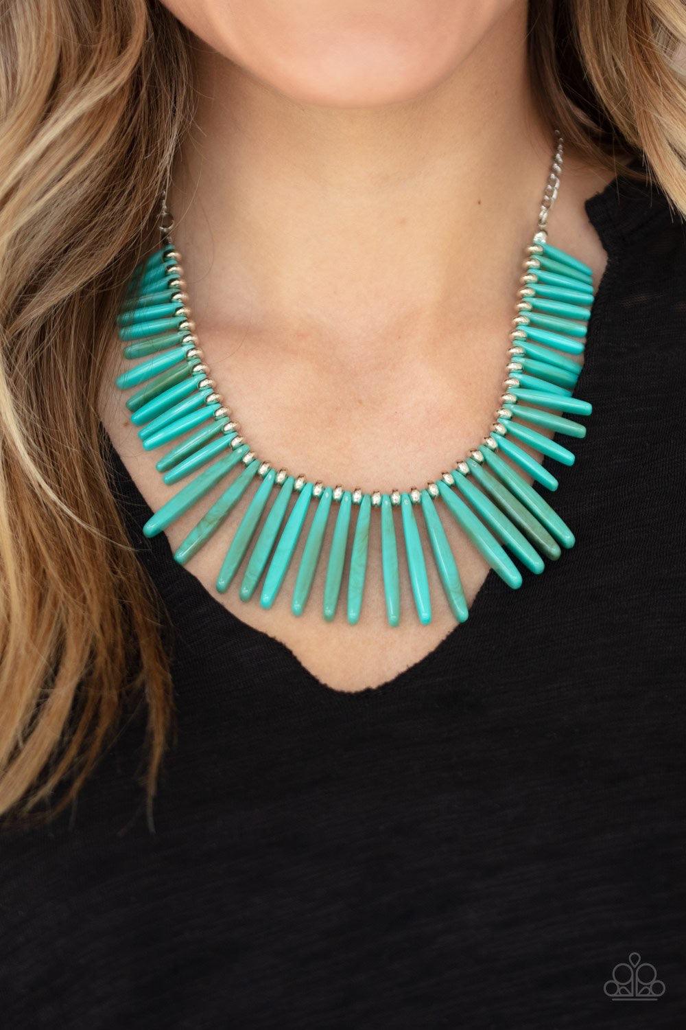 Paparazzi Accessories Out of My Element - Blue Flanked by dainty silver beads, shiny turquoise rod-like acrylic frames are threaded along an invisible wire, creating a colorful fringe below the collar. Features an adjustable clasp closure. Jewelry