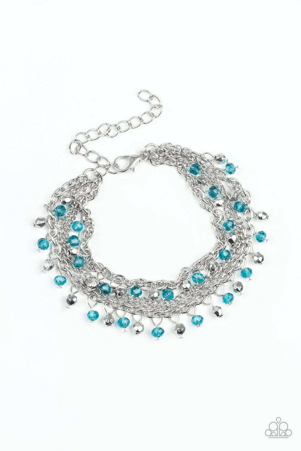 Paparazzi Accessories Cash Confidence - Blue Dainty silver and blue crystal-like beads cascade from two shimmery silver chains. Infused with plain silver chains, the colorful strands layer around the wrist for a flirtatious look. Features an adjustable cl