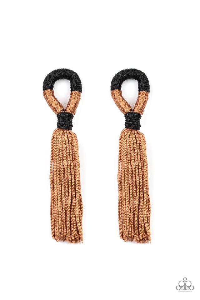 Paparazzi Accessories Moroccan Mambo - Brown Shiny black and Lark cording knots around a round fitting as a plume of soft Lark cording free-falls from the bottom, creating a trendy tassel. Earring attaches to a standard post fitting. Jewelry