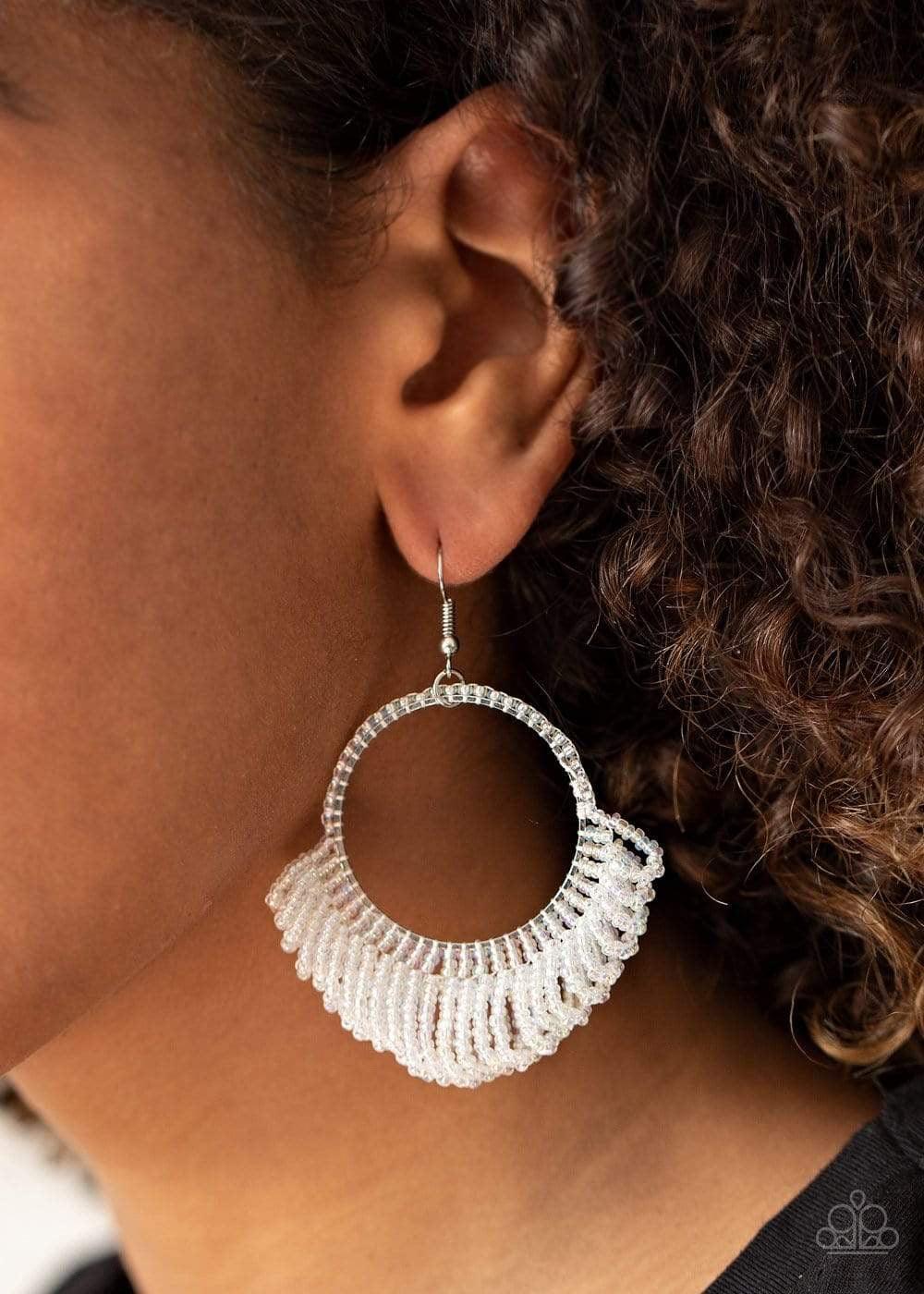 Paparazzi Accessories Can’t BEAD-lieve My Eyes! - Multi Rings of dainty iridescent seed beads cascade from the bottom of a matching beaded hoop, creating a dramatically colorful fringe. Earring attaches to a standard fishhook fitting. Sold as one pair of