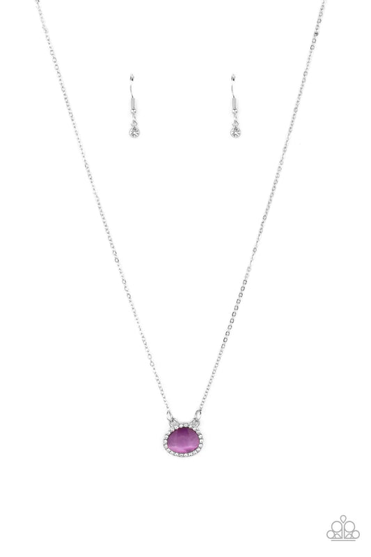 Paparazzi Accessories Treasure Me Always - Purple Bordered in a ring of dainty white rhinestones, an imperfect Very Peri gemstone twinkles along a dainty silver chain. Featuring a faceted shimmer, the dainty pendant creates a treasured pendant below the c