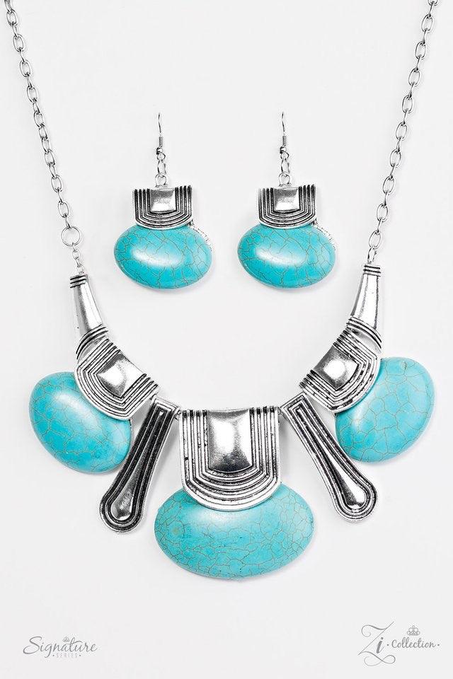 Paparazzi Accessories The Rhonda Oval shaped turquoise stones swing from the bottom of textured silver frames, creating an earthy fringe below the collar. Brushed in an antiqued shimmer, silver plates drip between the refreshing stone beading for a bold a