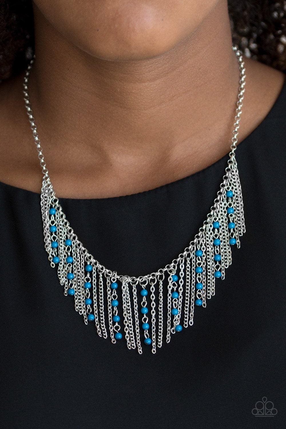 Paparazzi Accessories Harlem Hideaway - Blue Infused with blue beaded tassels, shimmery silver chains stream below the collar, creating a colorful fringe. Features an adjustable clasp closure. Sold as one individual necklace. Includes one pair of matching