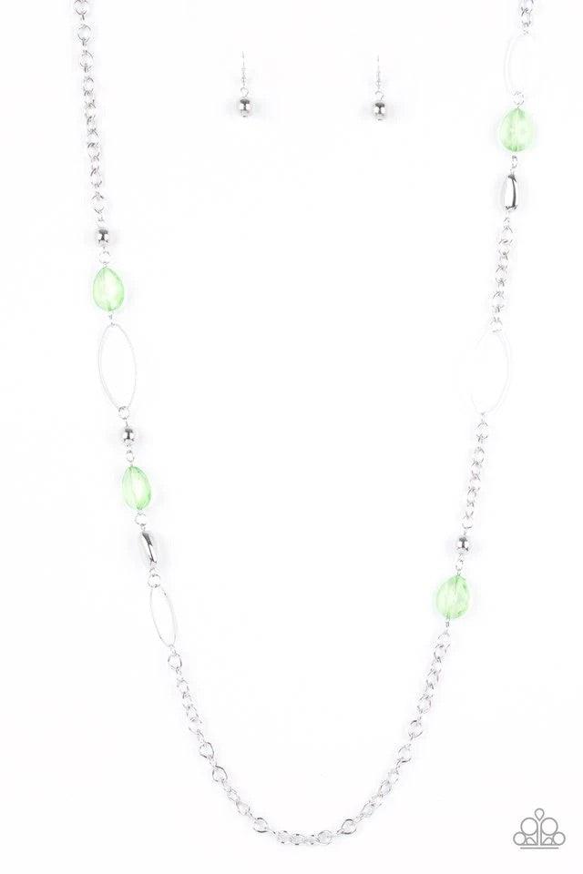 Paparazzi Accessories SHEER As Fate - Green Faceted Apple Green teardrop beads, dainty oval hoops, and silver accent beads descend along a silver chain in a whimsical pattern. Features an adjustable clasp closure. Sold as one individual necklace. Includes