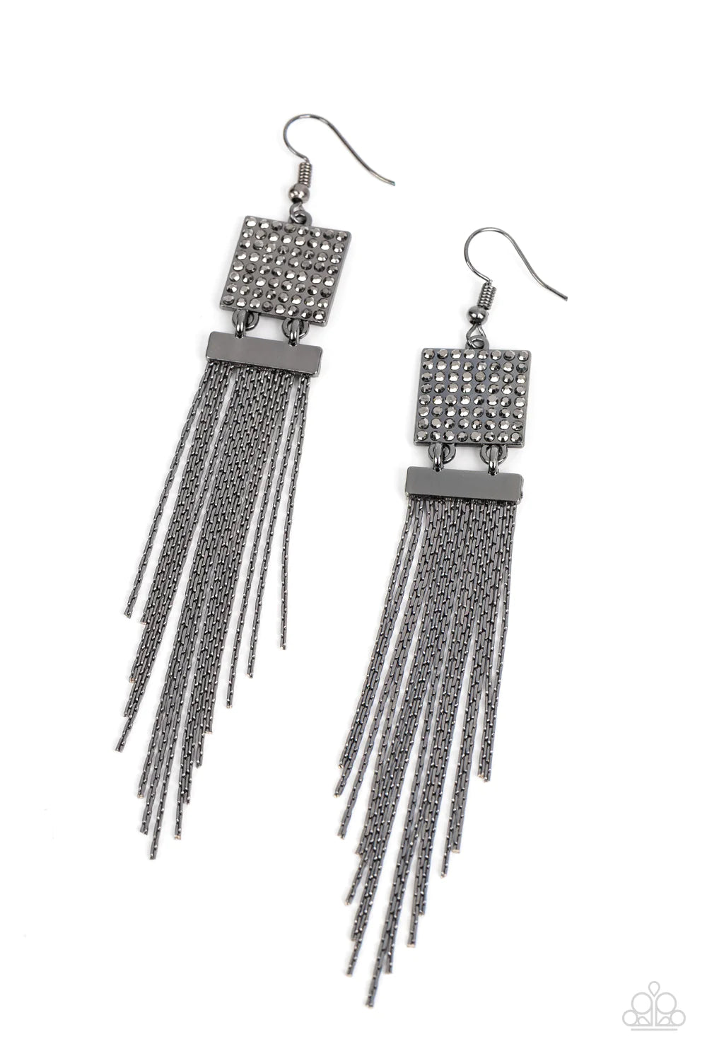 Paparazzi Accessories Dramatically Deco - Black A tapered curtain of flat gunmetal chains cascades from a gunmetal rectangular fitting that delicately links to a gunmetal square frame dotted in dainty hematite rhinestones, resulting in a trendy tassel. Ea