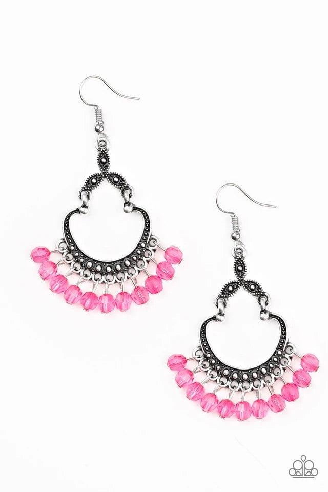 Paparazzi Accessories Babe Alert - Pink Faceted pink beads swing from the bottom of a studded silver frame, creating a whimsical lure. Earring attaches to a standard fishhook fitting. Jewelry