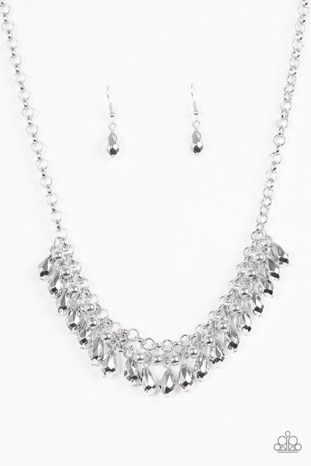 Paparazzi Accessories Prima Diva - Silver Classic silver and faceted silver beads cascade from interlocking silver chains, creating a fierce fringe below the collar. Features an adjustable clasp closure. Sold as one individual necklace. Includes one pair