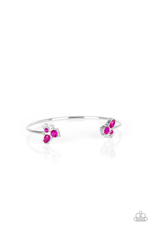 Paparazzi Accessories Going For Glitter - Pink Varying in shape, glittery pink and white rhinestones join at both ends of a dainty silver cuff, creating refined fittings. Sold as one individual bracelet. Jewelry
