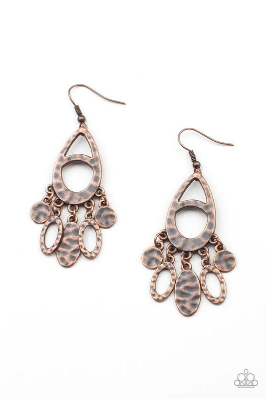 Paparazzi Accessories PLAINS Jane - Copper Hammered in a distressed finish, an antiqued copper teardrop gives way to a mismatched copper fringe for a rustic flair. Earring attaches to a standard fishhook fitting. Sold as one pair of earrings. Jewelry