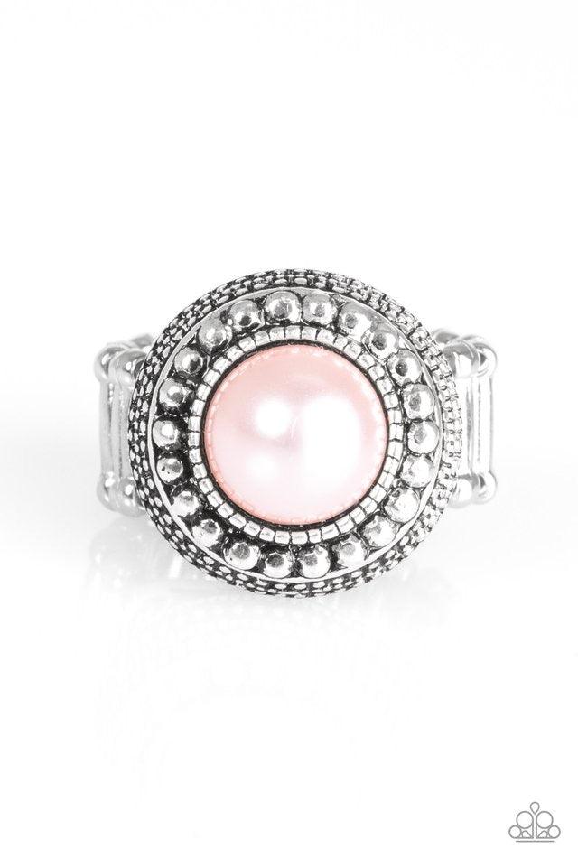 Paparazzi Accessories Bronx Beauty - Pink A classic pink pearl is pressed into the center of a stacked silver frame. Infused with classic silver studs and filigree detail, faceted silver studs spin around the pearly center, adding edgy shimmer to the dram