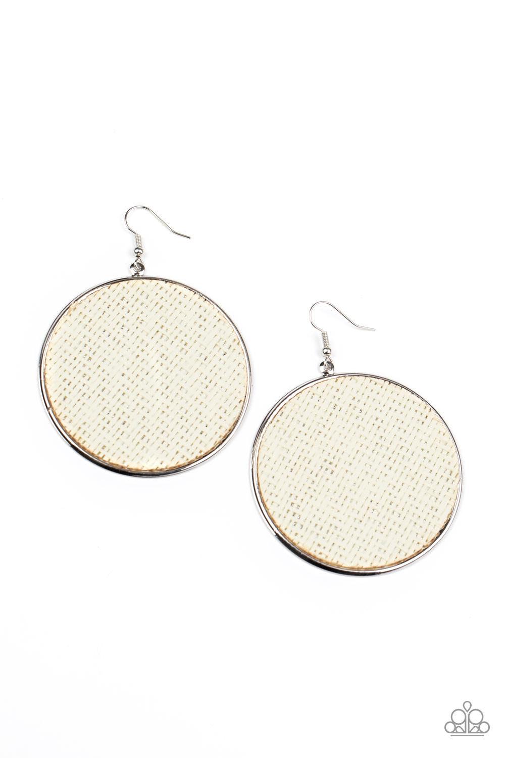 Paparazzi Accessories Wonderfully Woven - White White twine-like cording weaves across the front of an oversized silver disc for an earthy flair. Earring attaches to a standard fishhook fitting. Sold as one pair of earrings. Jewelry