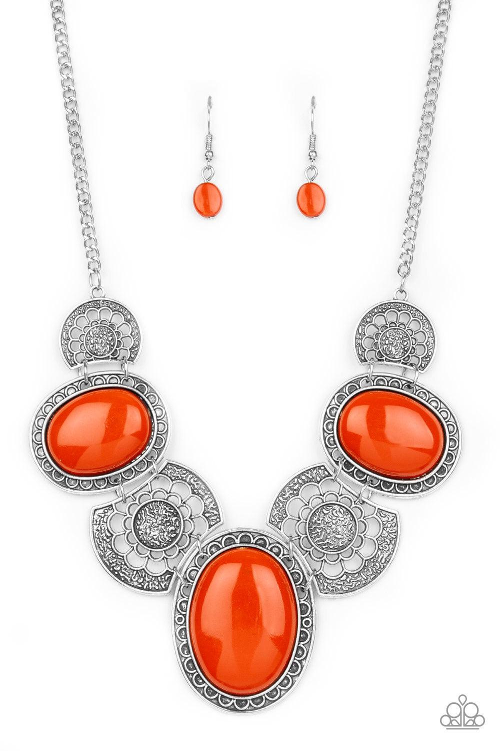 Paparazzi Accessories The Medallion-aire - Orange Flat orange beads connect with shimmery silver floral frames below the collar, creating a colorful medallion-like statement piece with a vintage inflection. Features an adjustable clasp closure. Jewelry