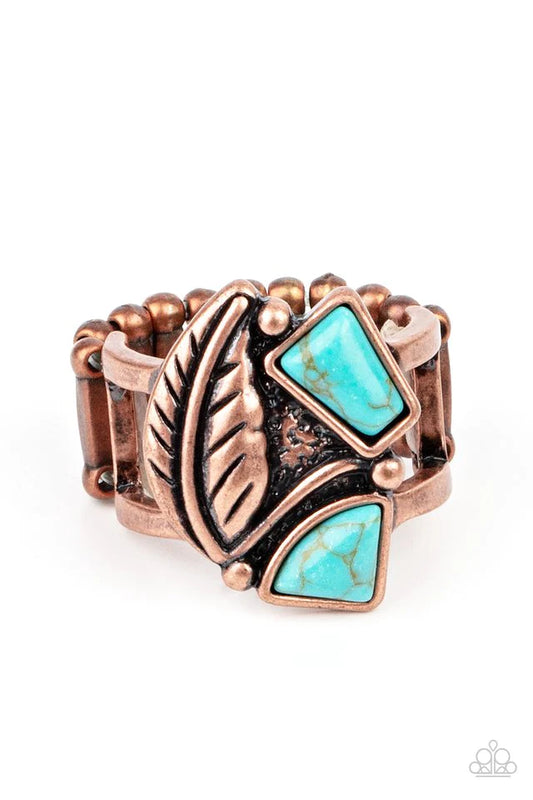 Paparazzi Accessories Make the NEST of It - Copper Asymmetrical turquoise stones adorn the front of an antiqued copper frame adorned in a coppery feather, creating a rustic centerpiece atop the finger. Features a stretchy band for a flexible fit. Sold as