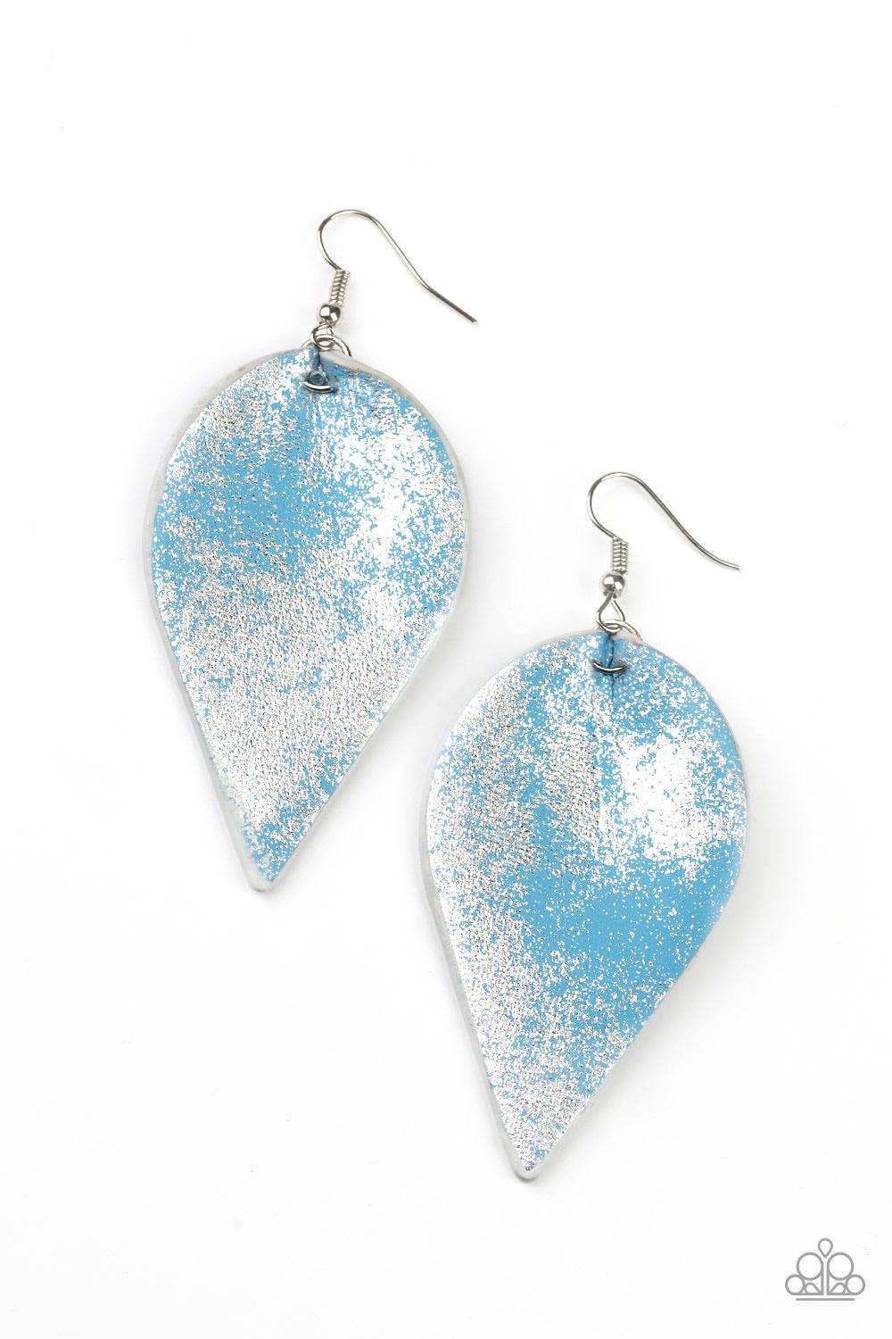 Paparazzi Accessories Enchanted Shimmer - Blue Dusted in a silvery shimmer, a leathery Faded Denim leaf swings from the ear for an enchanted look. Earring attaches to a standard fishhook fitt Jewelry