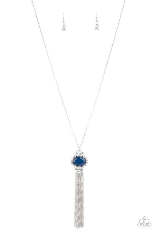 Paparazzi Accessories What Glows Up - Blue Bordered in glassy white rhinestones, a faceted blue bead dotted frame gives way to a curtain of shimmery silver chains, creating a glamorous pendant. Features an adjustable clasp closure. Sold as one individual