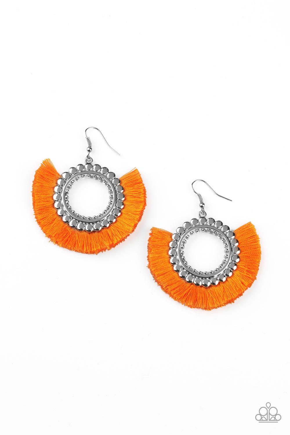 Paparazzi Accessories Fringe Fanatic - Orange Neon orange thread flares out from the bottom of a bubbly silver hoop, creating a vivacious fringe. Earring attaches to a standard fishhook fitting. Jewelry