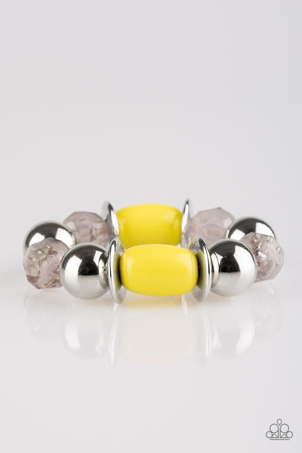 Paparazzi Accessories BAY After BAY - Yellow Dramatic silver, sunny yellow, and faceted cloudy beads are threaded along a stretchy elastic band, creating a seasonal look around the wrist. Jewelry
