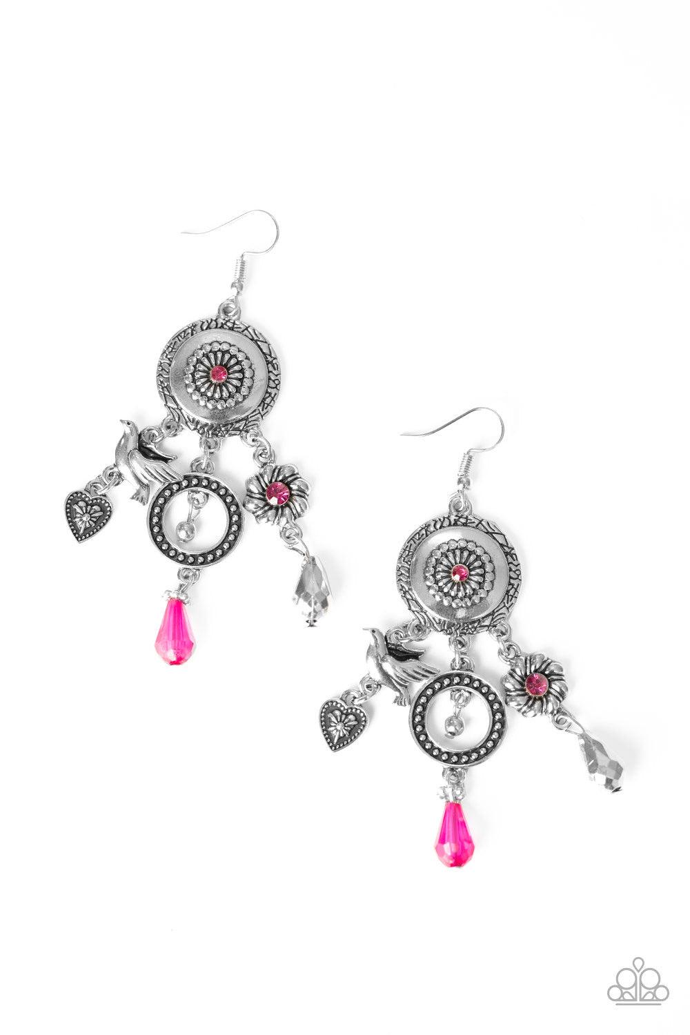 Paparazzi Accessories Springtime Essence - Pink Infused with glittery Pink Peacock rhinestone and crystal-like accents, a whimsical display of silver heart, flower, and bird charms dance from the bottom of a decorative floral silver frame, creating a nois
