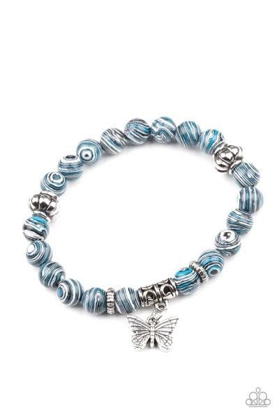 Paparazzi Accessories Butterfly Wishes - Blue Swirling with blue, black, and white accents, colorful stone beads and ornate silver accents are threaded along stretchy bands around the wrist. A dainty silver butterfly charm dangles from the display, adding