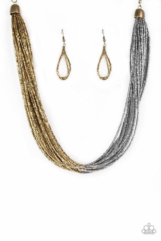Paparazzi Accessories Flashy Fashion - Brass Brushed in a flashy metallic finish, countless strands of brass seed beads converge with strands of gunmetal seed beads, creating colorful layers below the collar. Features an adjustable clasp closure. Jewelry