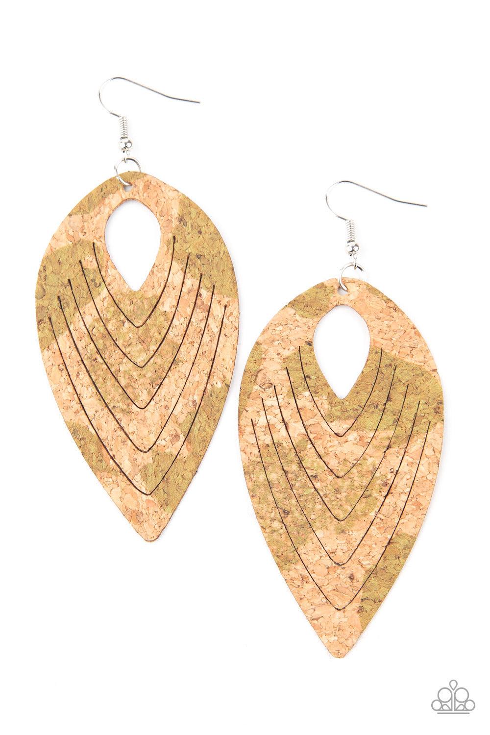 Paparazzi Accessories Cork Cabana - Green Spotted in rustic Military Olive accents, a flat cork teardrop is spliced into a rippling frame for an earthy fashion. Earring attaches to a standard fishhook fitting. Sold as one pair of earrings. Jewelry
