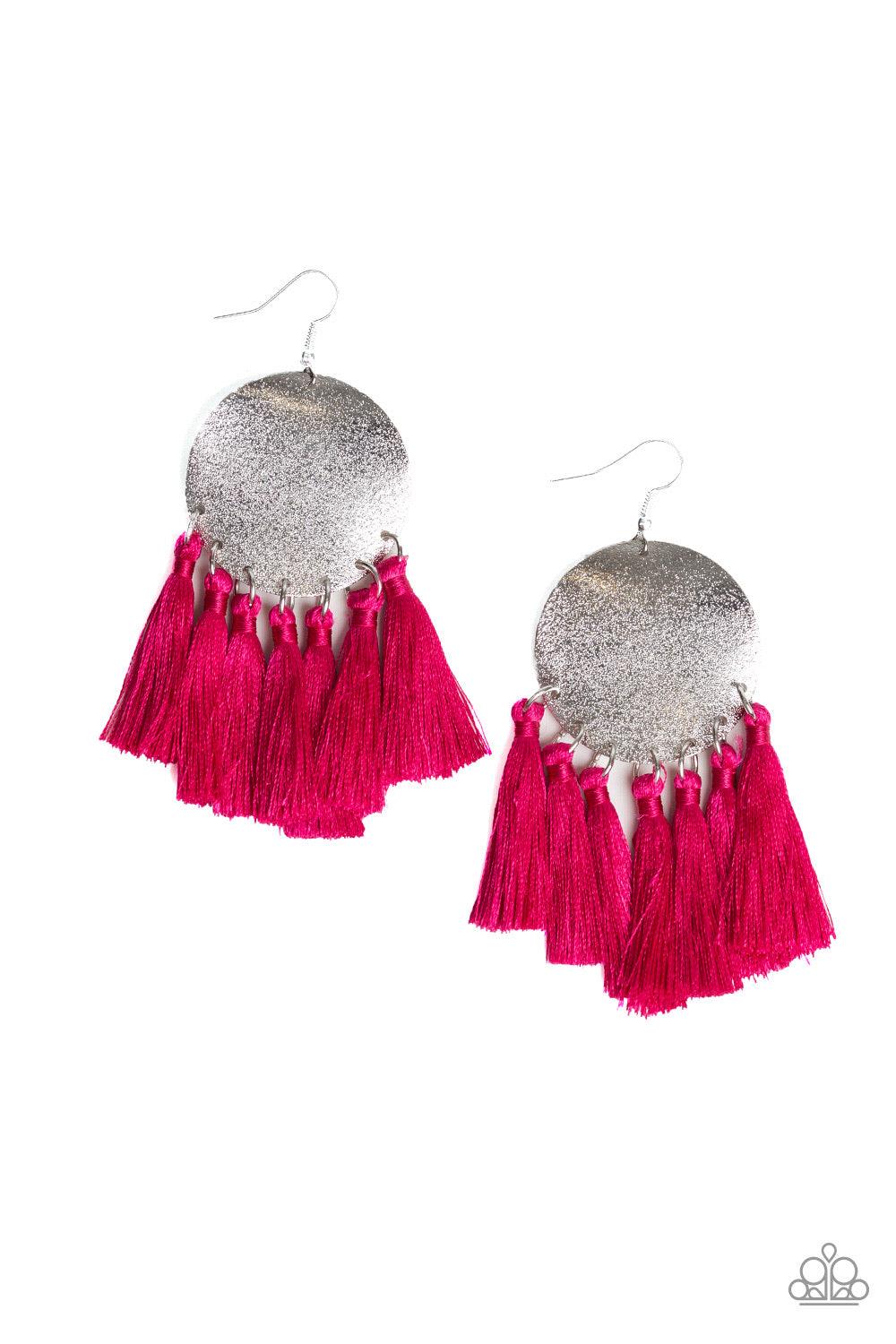 Paparazzi Accessories Tassel Tribute - Pink A fringe of shiny pink threaded tassels swing from the bottom of a warped silver disc brushed in an incandescent metallic shimmer for a whimsical flair. Earring attaches to a standard fishhook fitting. Jewelry