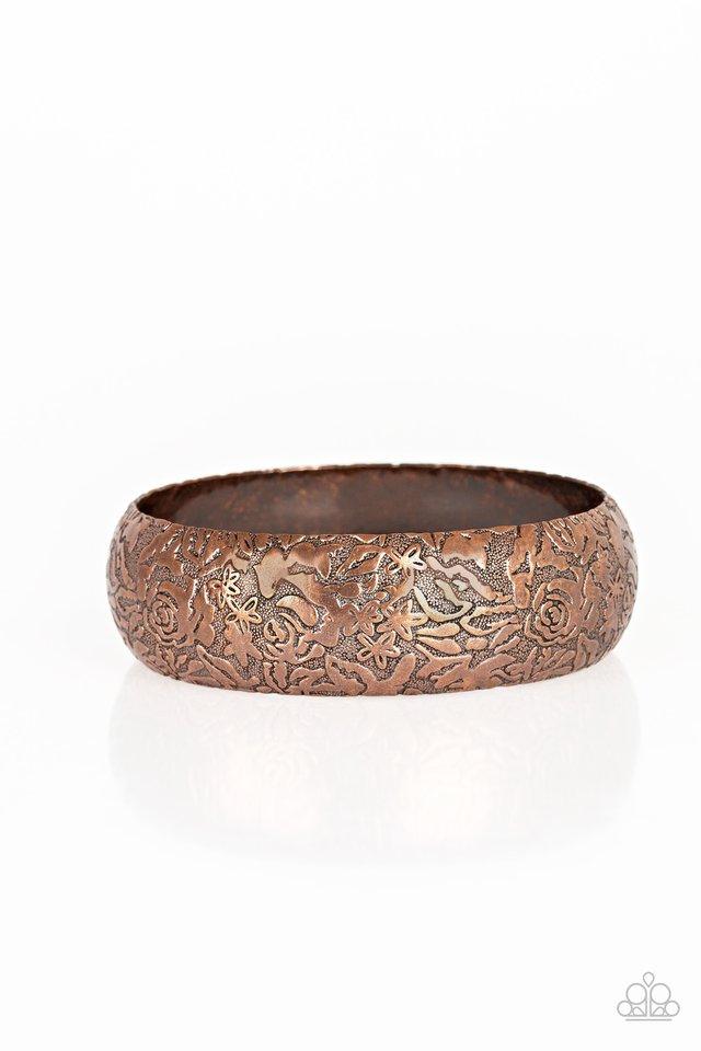 Paparazzi Accessories Garden Villa - Copper Brushed in an antiqued finish, a rosy floral pattern is embossed across a thick copper bangle for a seasonal flair. Jewelry