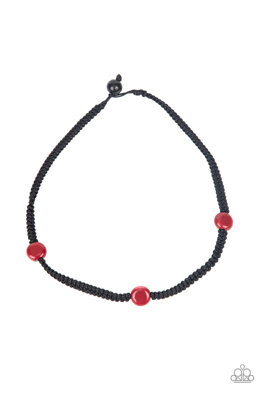 Paparazzi Accessories SoCal Style - Red Glazed red beads are knotted in place below the collar with braided black cording, creating a trendsetting urban look. Features a button loop closure. Sold as one individual necklace. Jewelry
