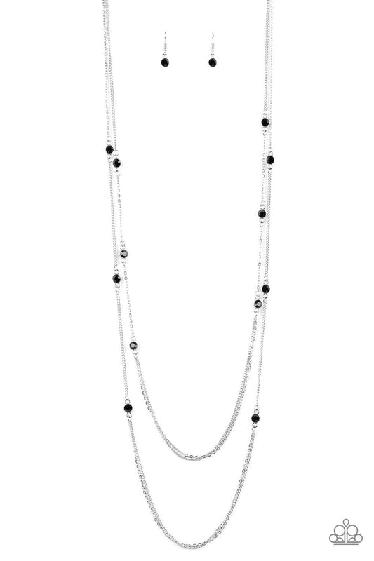 Paparazzi Accessories Sparkle of the Day - Black Dotted with glittery black rhinestones, two glistening silver chains give way to layers of dainty silver chain for a refined look. Features an adjustable clasp closure.Sold as one individual necklace. Inclu