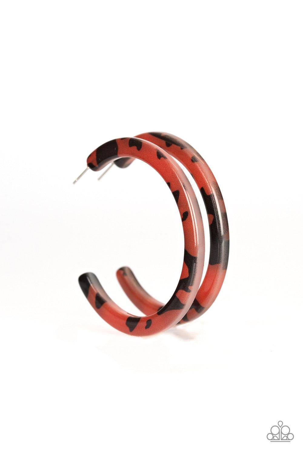 Paparazzi Accessories HAUTE-Blooded - Brown Featuring a tortoise-shell like pattern, a brown acrylic frame curls around the ear for a retro flair. Earring attaches to a standard post fitting. Hoop measures 2 1/2" in diameter. Jewelry