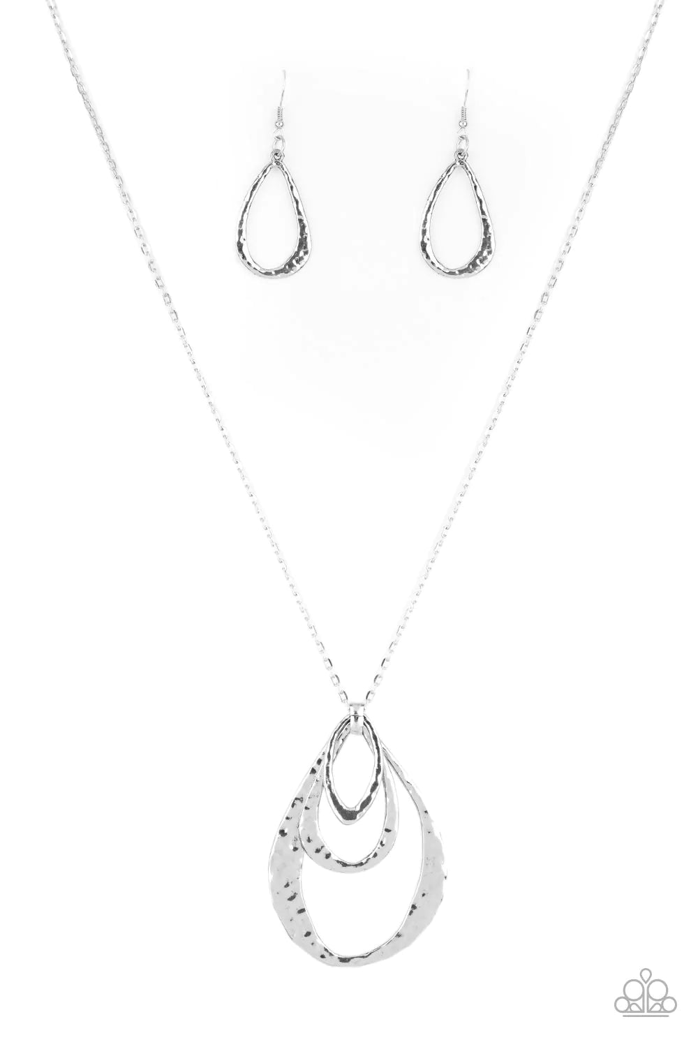 Paparazzi Accessories Relic Renaissance - Silver Hammered in a rustic finish, an oversized collection of asymmetrical silver teardrops layer at the bottom of a lengthened silver chain for an artisan inspired look. Features an adjustable clasp closure. Sol