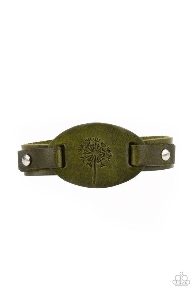 Paparazzi Accessories All Fine and DANDELION - Green Stamped in a rustic dandelion decoration, a piece of green leather is studded in place across the front of a distressed leather band for a whimsically southern look. Features an adjustable sliding knot