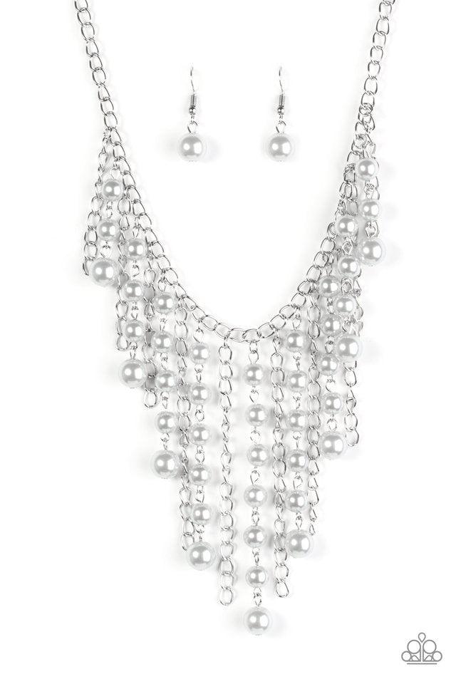 Paparazzi Accessories STUN Control - Silver Pearly silver beads trickle along strands of glistening silver chains, creating a tapered fringe below the collar. Features an adjustable clasp closure. Sold as one individual necklace. Includes one pair of matc