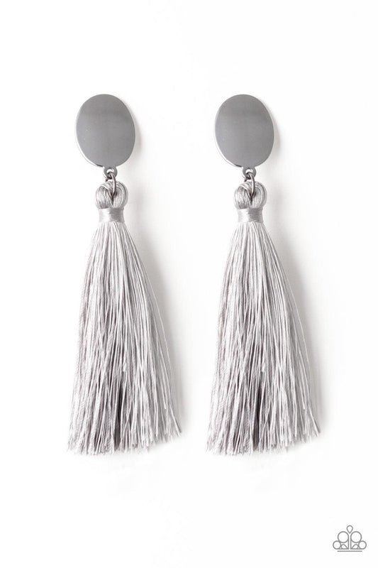 Paparazzi Accessories Va Va Plume - Silver A plume of shiny gray thread streams from the bottom of a glistening gunmetal frame, creating a dramatically tasseled look. Earring attaches to a standard post fitting. Earrings