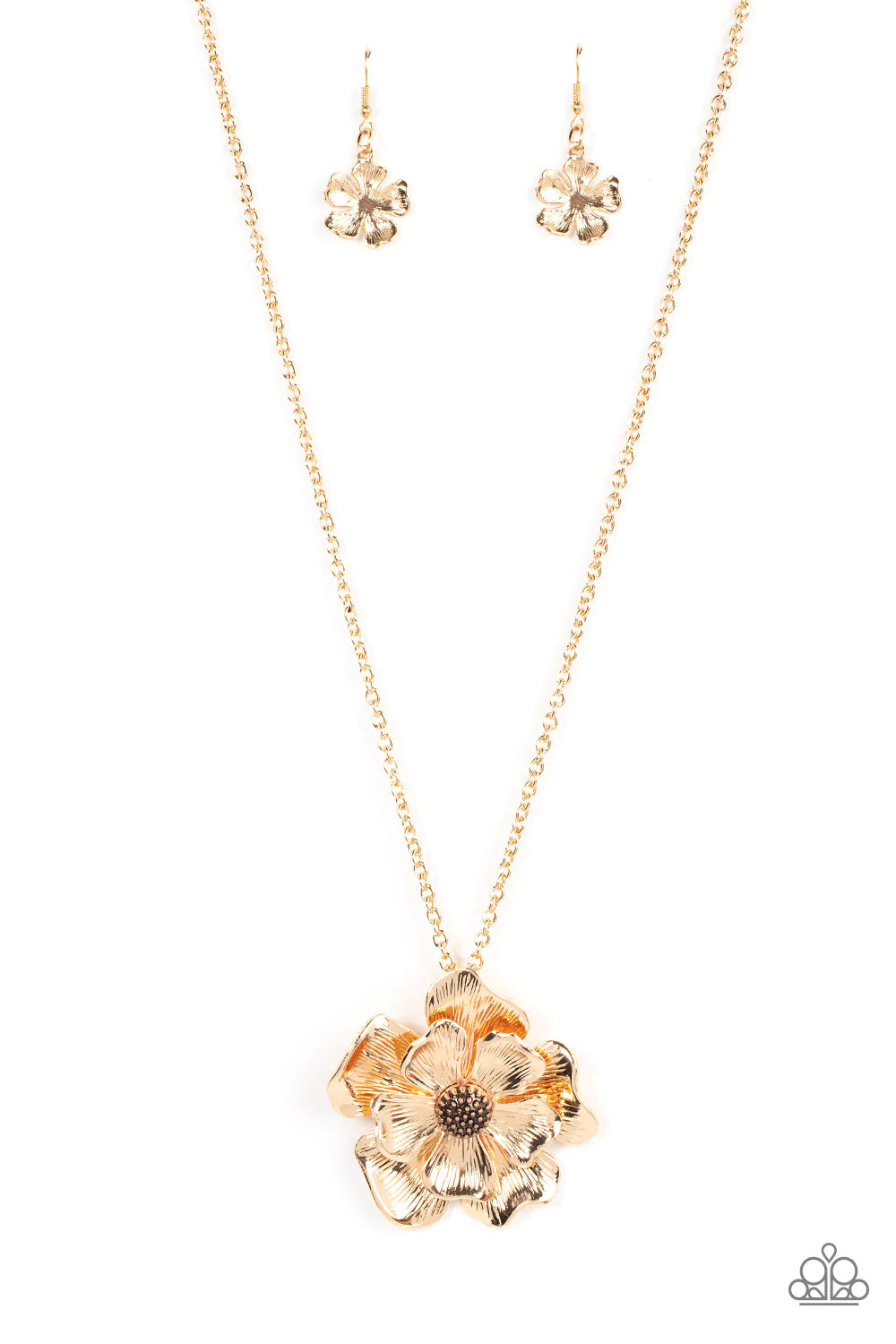Paparazzi Accessories Homegrown Glamour - Gold Layers of scalloped and textured gold petals bloom from a studded copper beaded center. The oversized flower swings from the bottom of an extended gold chain, resulting in an eye-catching floral pendant. Feat
