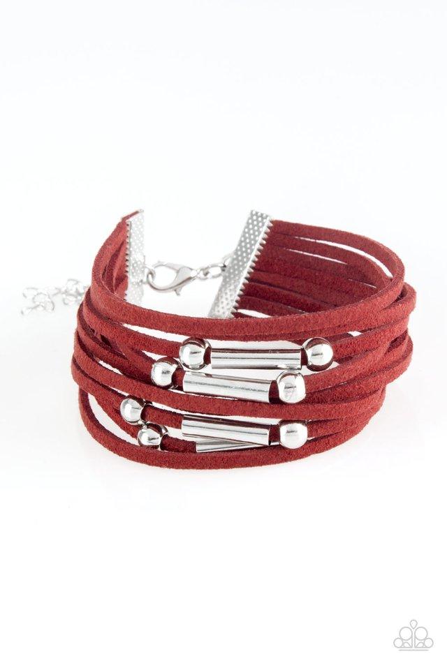 Paparazzi Accessories Back To BACKPACKER - Red Strung between two silver fittings, glistening silver and gunmetal accents slide along strands of red suede for a seasonal look. Features an adjustable clasp closure. Sold as one individual bracelet. Jewelry