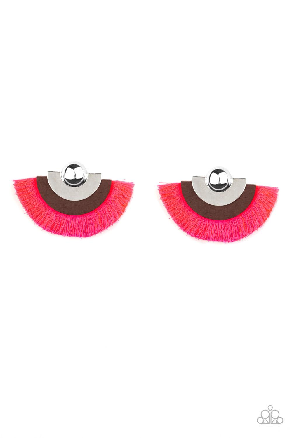 Paparazzi Accessories Fan The FLAMBOYANCE - Pink Neon pink thread fans from the bottom of a retro silver and wooden frame, creating a vivacious fringe. Earring attaches to a standard post fitting. Jewelry