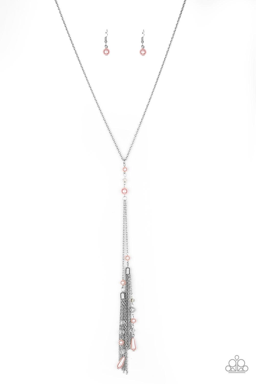 Paparazzi Accessories Timeless Tassels - Pink Dainty pink pearls and sparkling white crystal-like bead gives way to two shimmery silver chain tassels. Infused with ornate silver beads, strands of matching beads trickle down the tassels for a refined flair