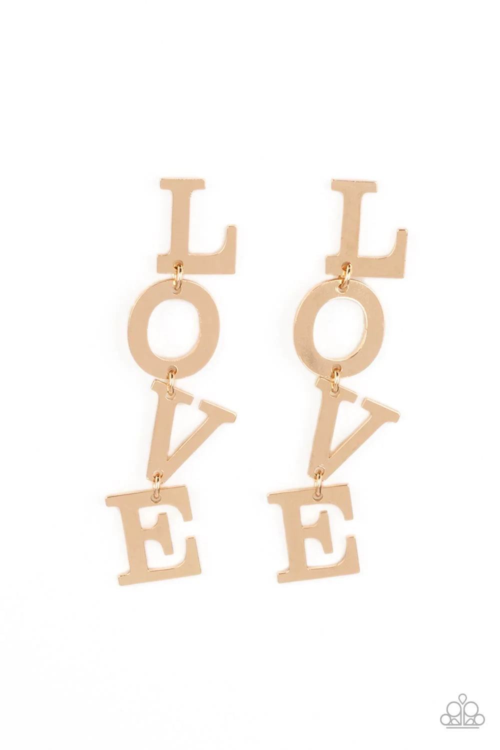 Paparazzi Accessories L-O-V-E - Gold Gold letters with a lightly hammered sheen spell out the word "LOVE" as they vertically cascade down the ear in a flattering finish. Each of the letters are interconnected to one another giving the piece some whimsical