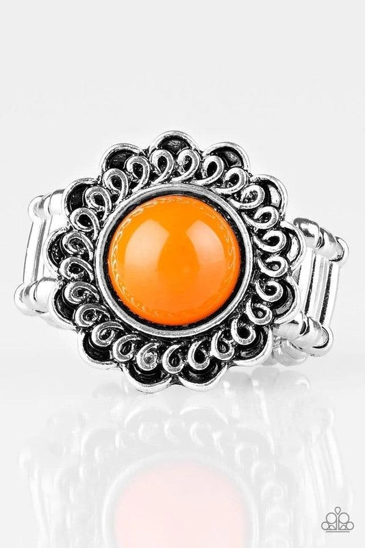 Paparazzi Accessories Garden Stroll - Orange A vivacious orange bead is pressed into the center of a shimmery floral frame radiating with swirling detail. Features a stretchy band for a flexible fit. Sold as one individual ring. Jewelry