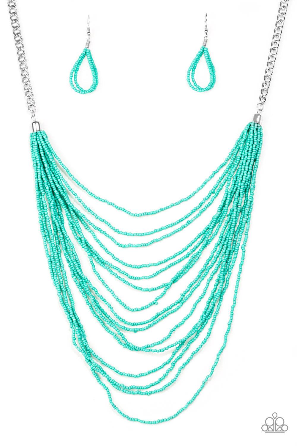 Paparazzi Accessories Bora Bombora - Blue Row after row of refreshing turquoise seed beads cascade down the chest, creating summery layers. Features an adjustable clasp closure. Sold as one individual necklace. Includes one pair of matching earrings. Jewe