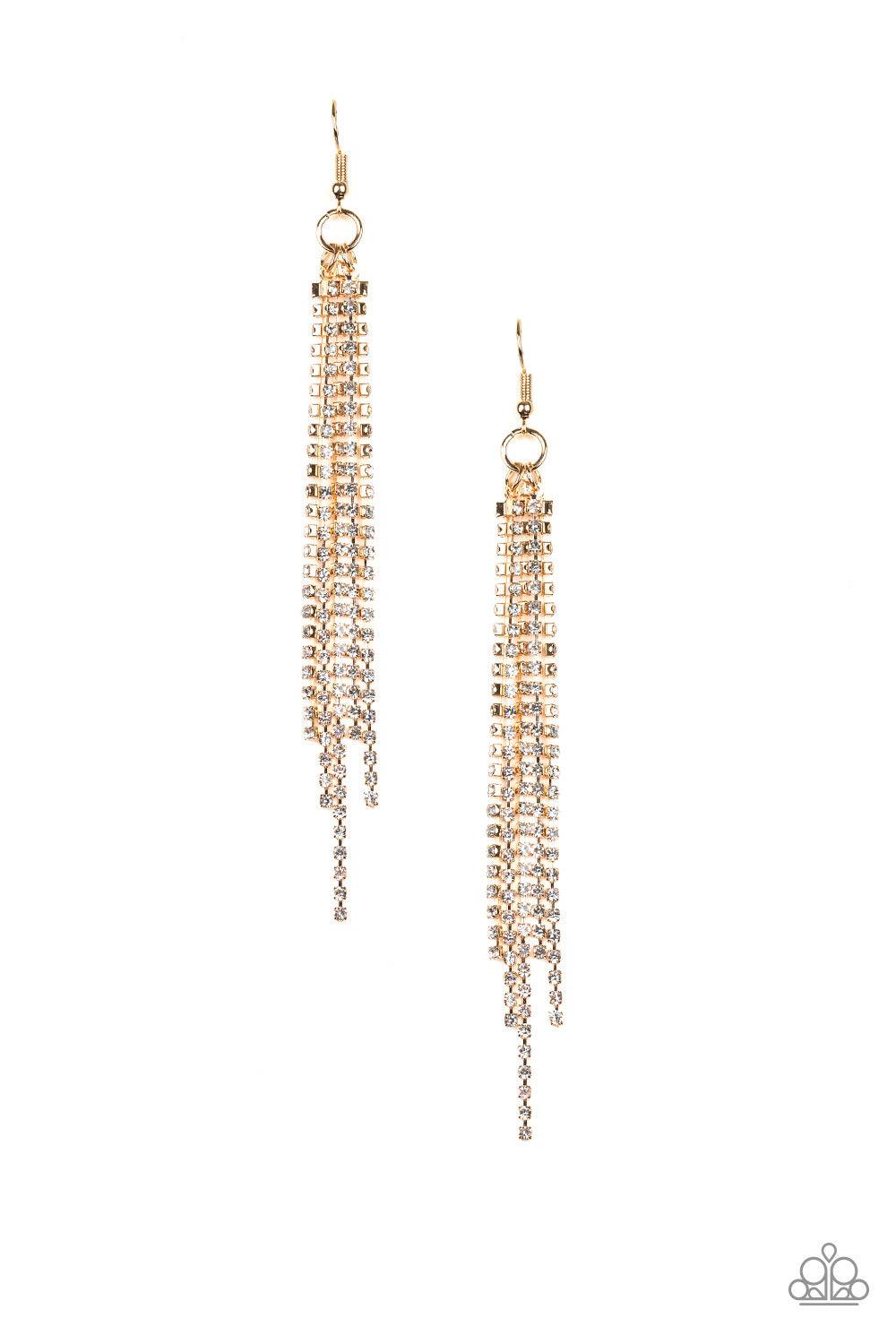 Paparazzi Accessories Center Stage Status - Gold Featuring sleek square fittings, strands of glittery white rhinestones freefall from the ear, creating a glamorous fringe. Earring attaches to a standard fishhook fitting. Jewelry