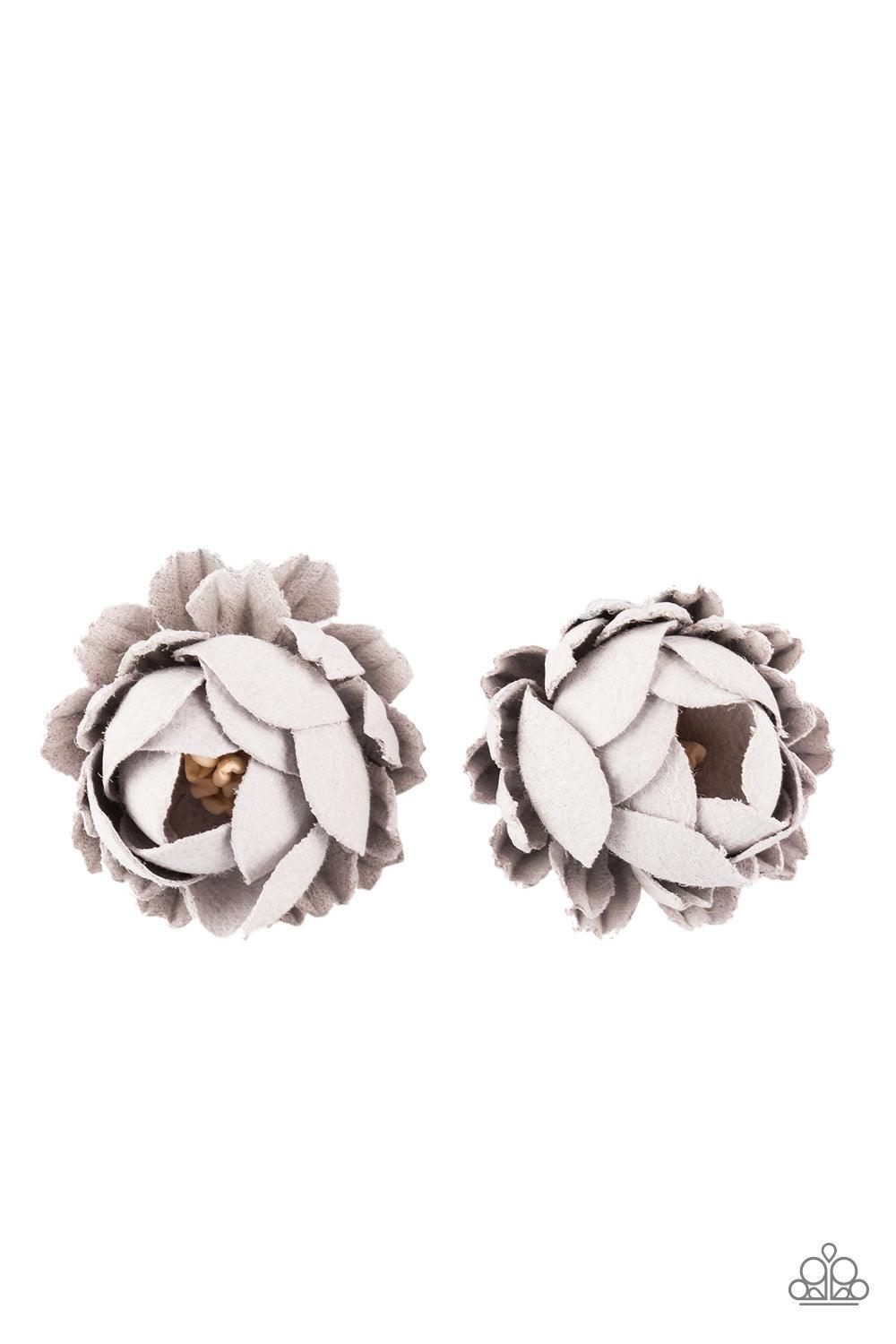 Paparazzi Accessories Just BUD Out! - Silver Brushed in a refreshing silver finish, paper-like petals bloom from a lifelike white beaded center for a seasonal look. Each flower features a standard hair clip on the back. Hair Accessories