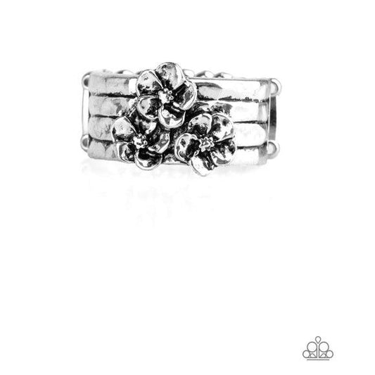Paparazzi Accessories The ISLAND Is Your ISLAND - Silver A trio of flowers bloom from the center of a thick silver band rippling with hammered and linear textures for a seasonal look. Features a stretchy band for a flexible fit. Sold as one individual rin