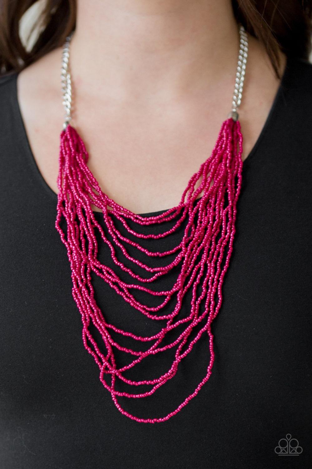 Paparazzi Accessories Bora Bombora - Pink Row after row of pink seed beads cascade down the chest, creating summery layers. Features an adjustable clasp closure. Jewelry