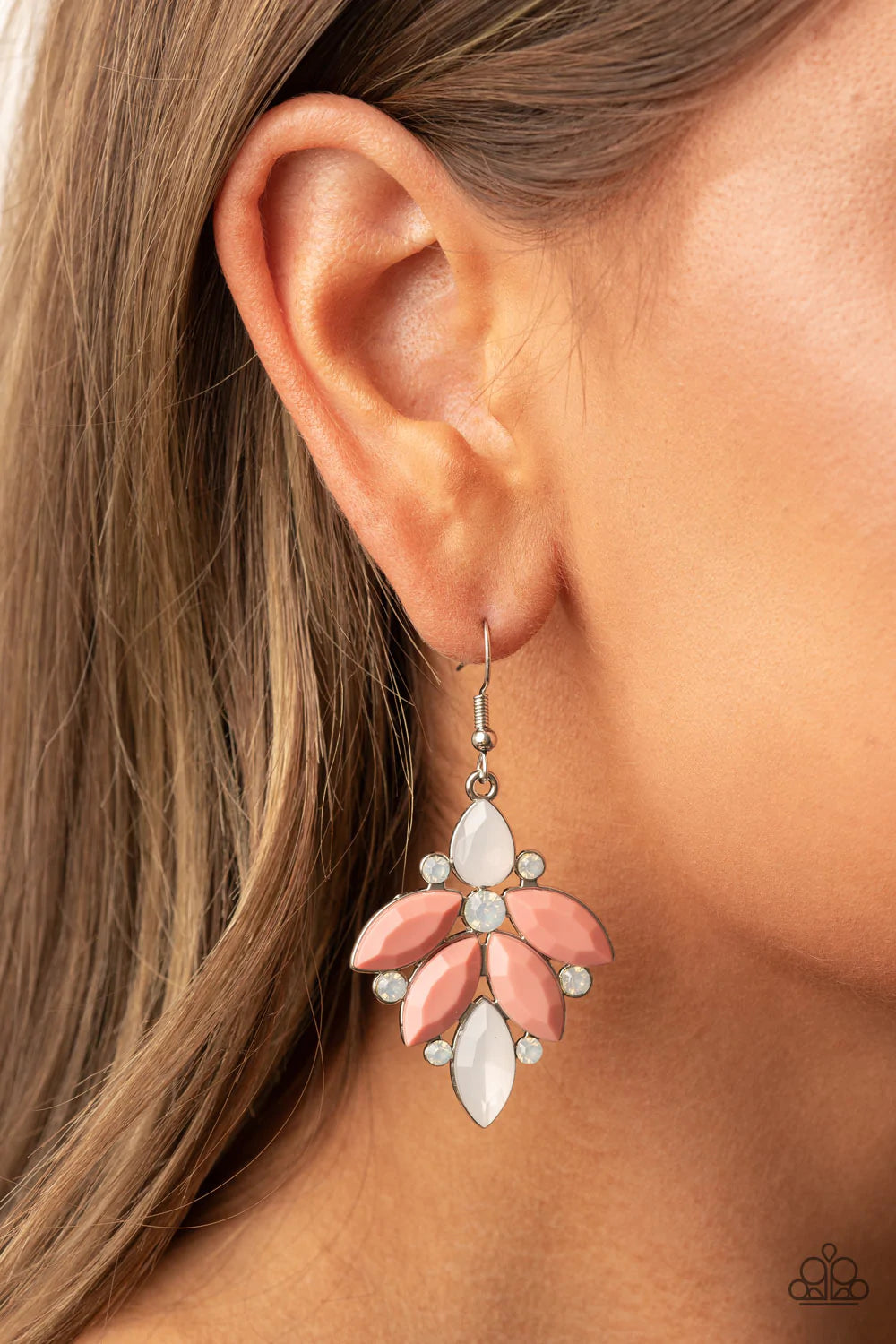 Paparazzi Accessories Fantasy Flair - Pink Infused with opal white rhinestones, glassy and acrylic Pale Rosette beads fan out into an elegantly ethereal frame. Earring attaches to a standard fishhook fitting. Sold as one pair of earrings. Jewelry